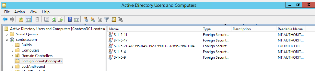 A screenshot of active directory users and computer snap-in showing the Foreign Security principals container and the objects inside